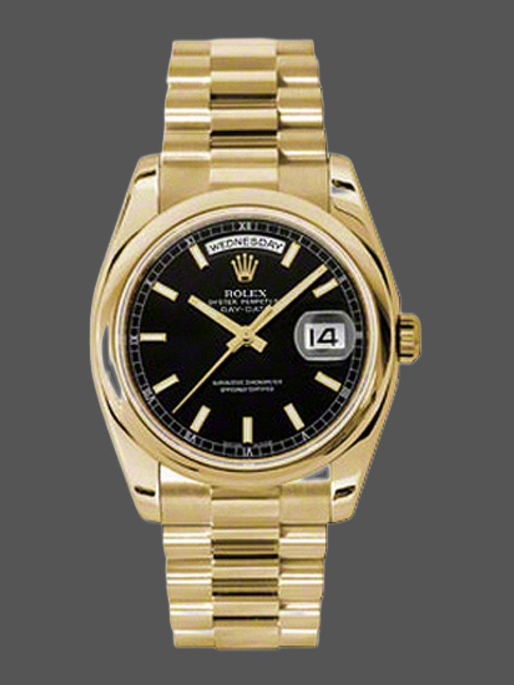 Rolex Day-Date 118208 Black Dial Automatic Yellow Gold 36mm Unisex Replica Watch