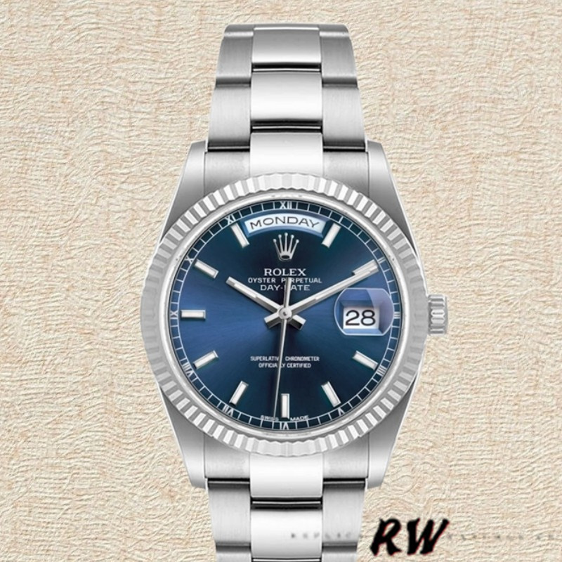 Rolex Day-Date 118239 White Gold Blue Dial Fluted Bezel 36mm Unisex Replica Watch