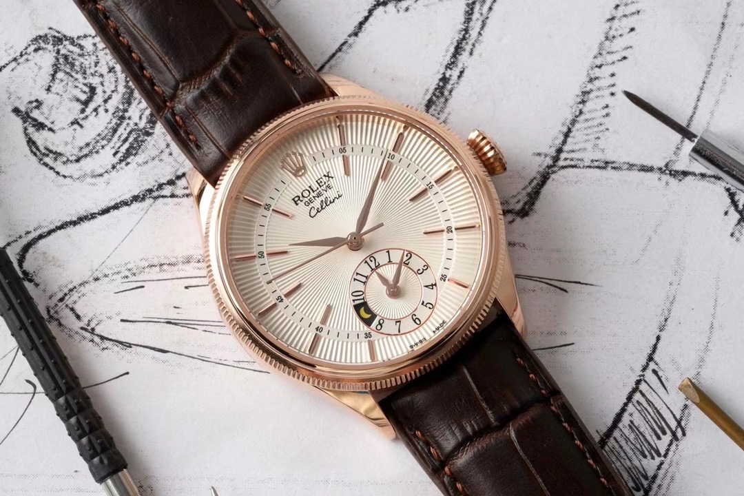 Rolex Cellini Dual Time 50525 Silver Dial Brown Leather Strap 39mm Mens Replica Watch