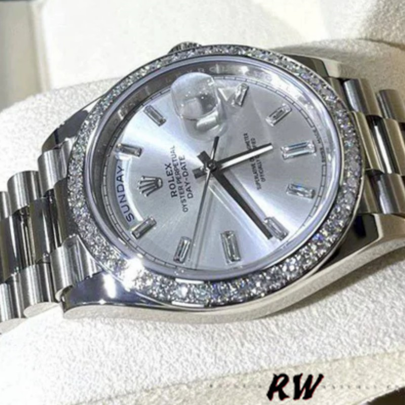 Rolex Day-Date 228349RBR Silver Dial Diamond Bezel 40mm Mens Replica Watch