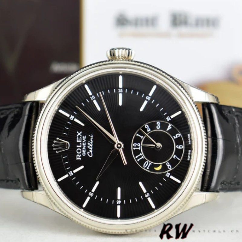 Rolex Cellini Dual Time 50529 Black Guilloche Dial 39mm Mens Replica Watch