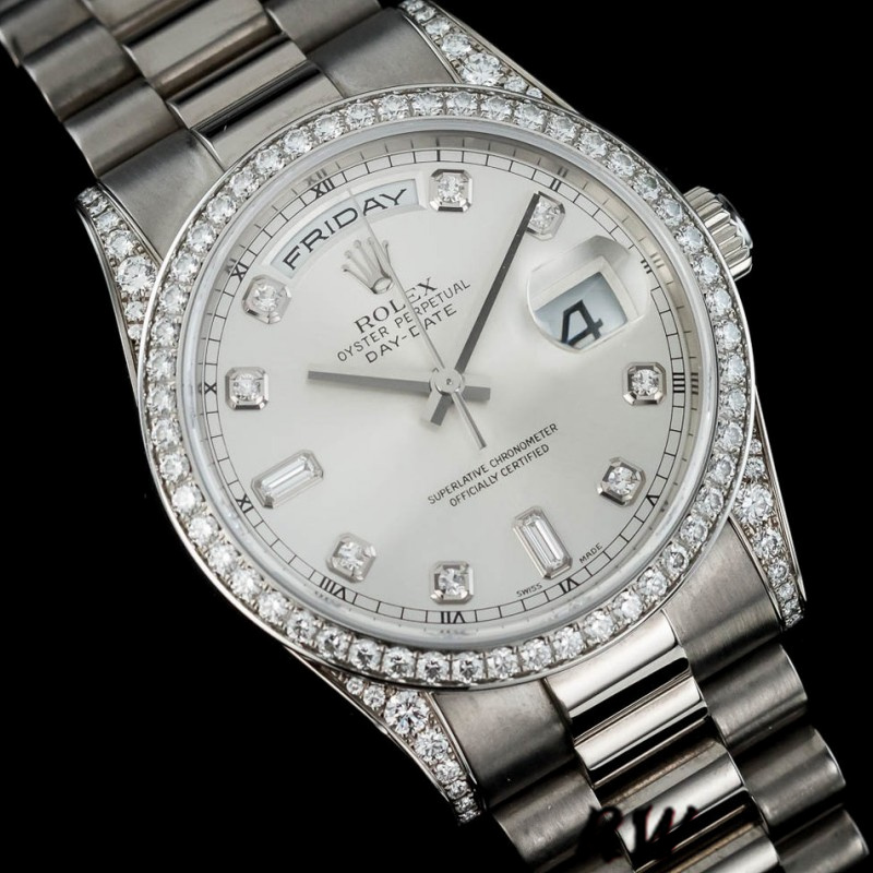 Rolex Day-Date 118389 White Gold Silver Diamond dial 36MM Unisex Replica Watch