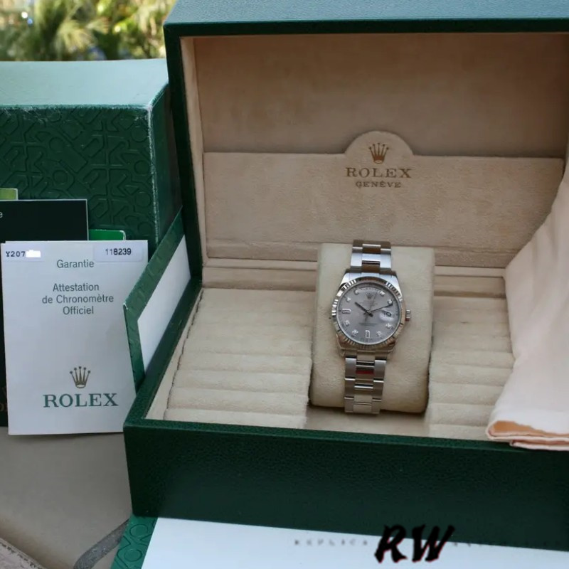 Rolex Day-Date 118239 Silver Diamond Dial fluted bezel 36mm Unisex Replica Watch
