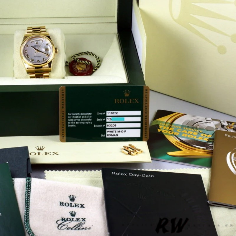 Rolex Day-Date 118208 Mother of Pearl Roman Numeral Dial 36mm Unisex Replica Watch