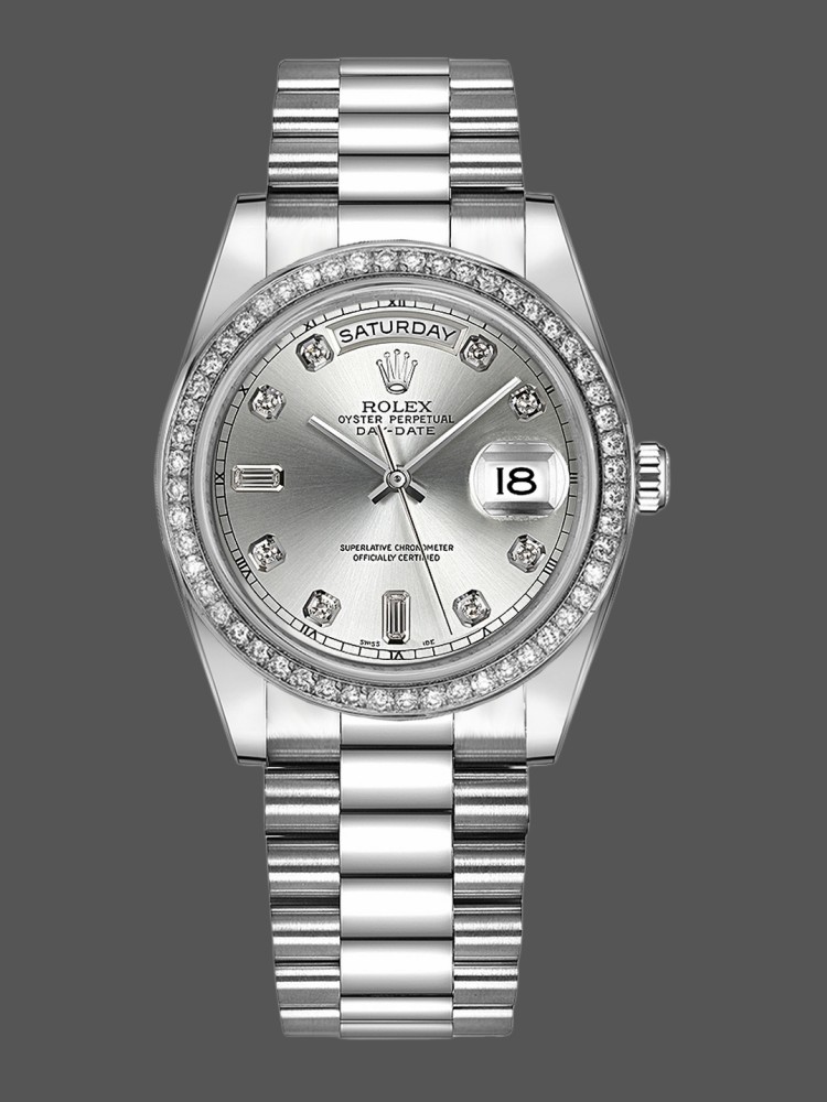 Rolex Day Date 118346 Silver Dial Diamond 36mm Unisex Replica Watch