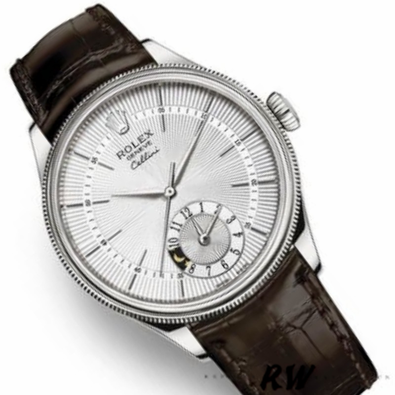 Rolex Cellini Dual Time 50529 Silver Dial Brown Strap 39mm Mens Replica Watch