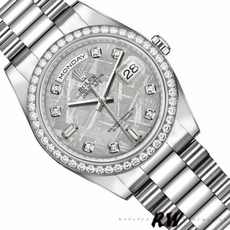 Rolex Day Date 118346 Platinum Diamond Bezel Meteorite Dial 36mm Unisex Replica Watch