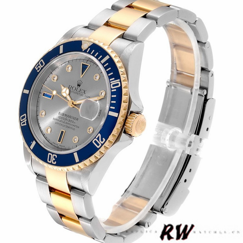 Rolex Submariner 16613 Steel Gold Diamond Sapphire Serti Dial 40mm Mens Replica Watch
