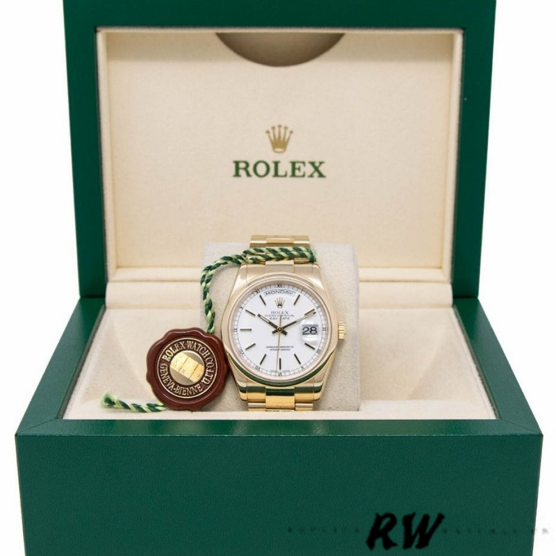 Rolex Day-Date 118208 White Dial Yellow Gold 36mm Unisex Replica Watch
