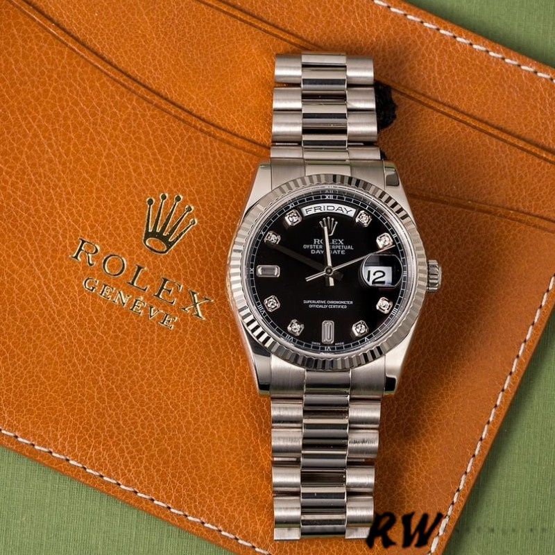 Rolex Day-Date 118239 Black Diamonds Dial Fluted Bezel 36mm Unisex Replica Watch