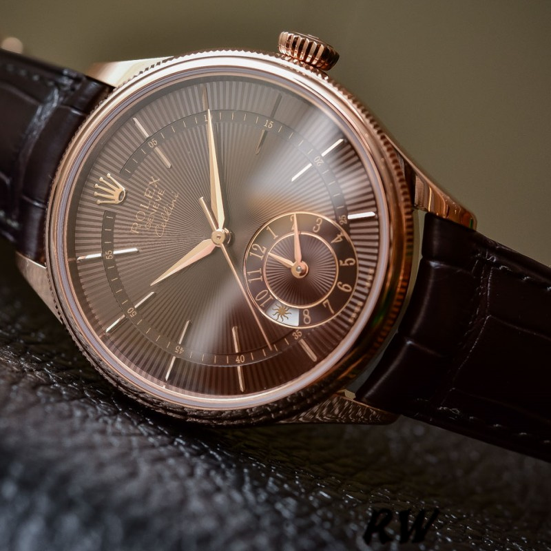 Rolex Cellini Dual Time 50525 Brown Guilloche Dial Brown Leather Strap 39mm Mens Replica Watch