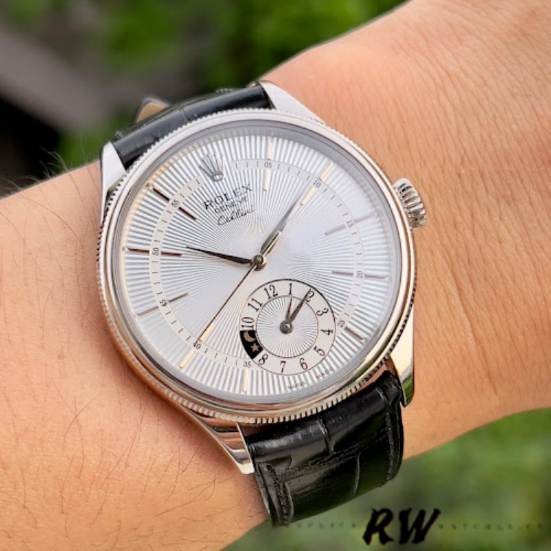 Rolex Cellini Dual Time 50529 Silver Sunburst Dial Black Leather Strap 39mm Mens Replica Watch
