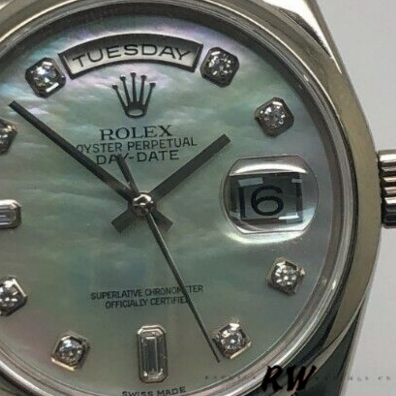 Rolex Day-Date 118206 Platinum White Mother of Pearl Diamond Dial 36mm Unisex Replica Watch