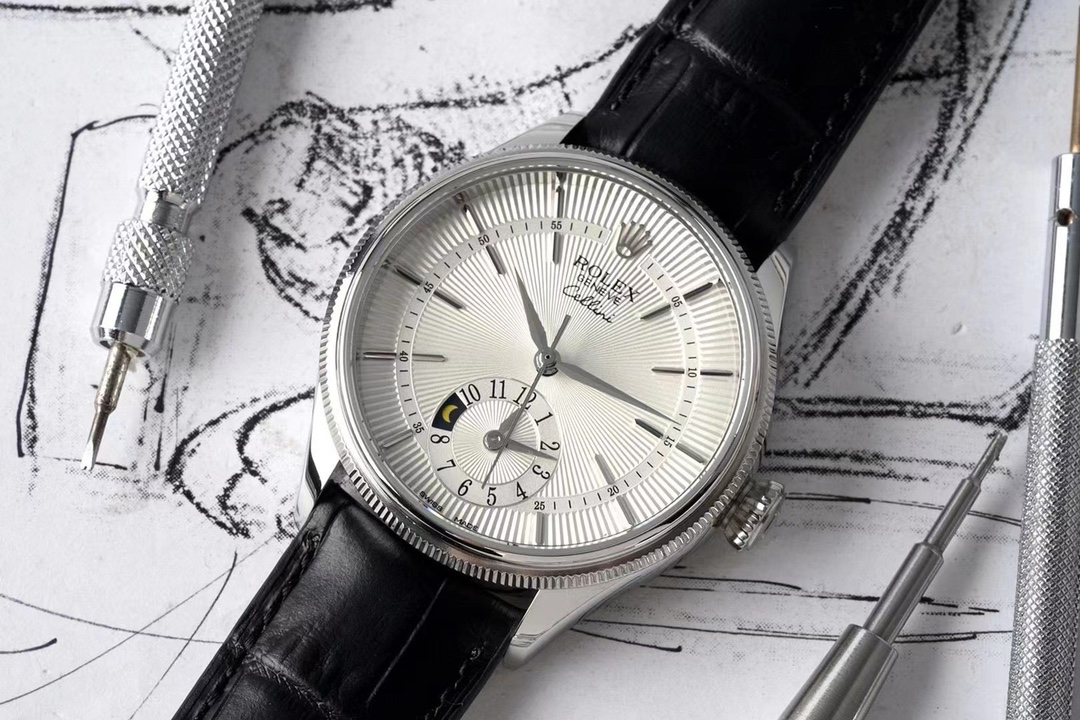 Rolex Cellini Dual Time 50529 Silver Sunburst Dial Brown Leather Strap 39mm Mens Replica Watch