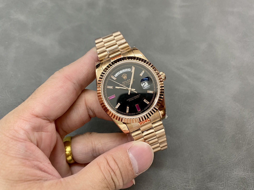 Rolex Day-Date 218235 Diamonds and Rubies Black Dial Rose Gold 41MM Mens Replica Watch
