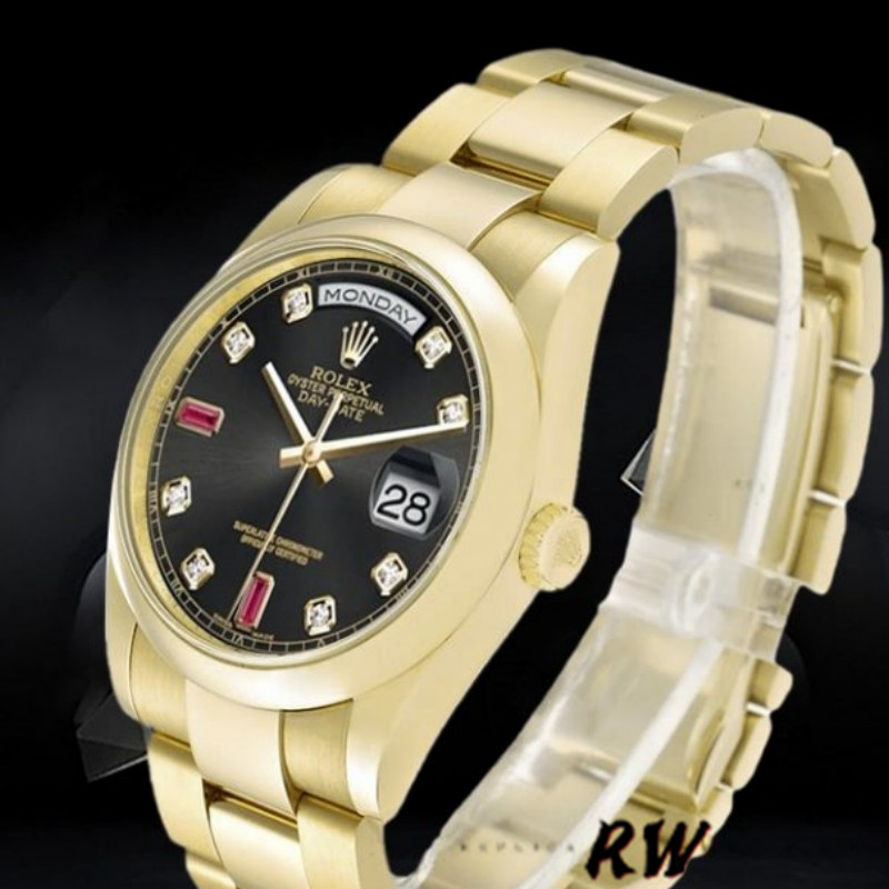 Rolex Day-Date 118208 Black Diamond Dial Yellow Gold case 36mm Unisex Replica Watch