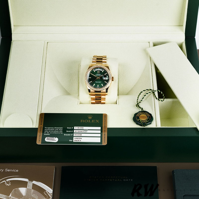 Rolex Day Date 118348 Green Index Dial Yellow Gold 36mm Unisex Replica Watch
