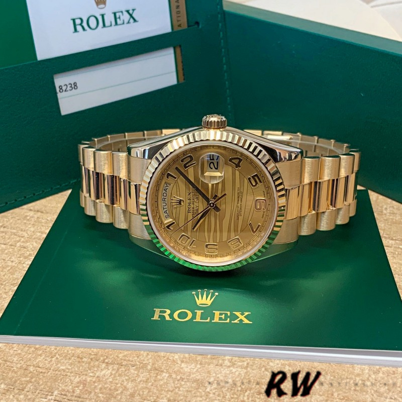 Rolex Day-Date 118238 Arabic Numeral Wave Champagne Dial Yellow gold 36mm Unisex Replica Watch