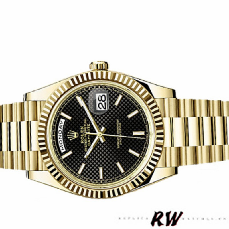 Rolex Day-Date 228238 Black Diagonal Motif Dial Fluted Bezel 40mm Mens Replica Watch