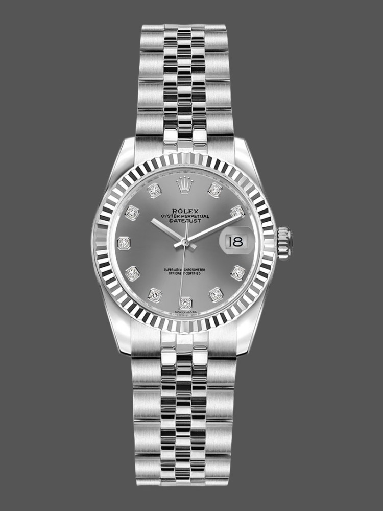 Rolex Datejust 179174 Rhodium Grey Diamond Dial Fluted Bezel 26MM Lady Replica Watch