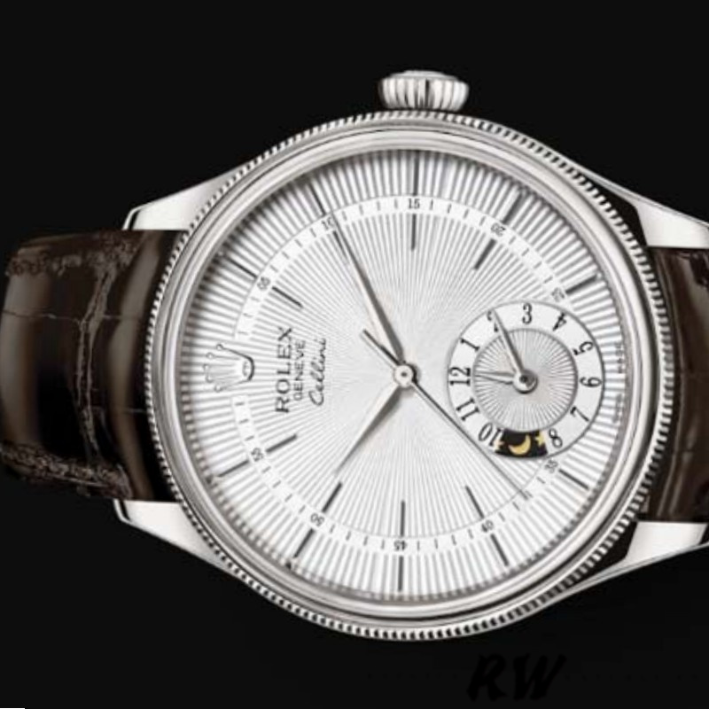 Rolex Cellini Dual Time 50529 Silver Dial Brown Strap 39mm Mens Replica Watch