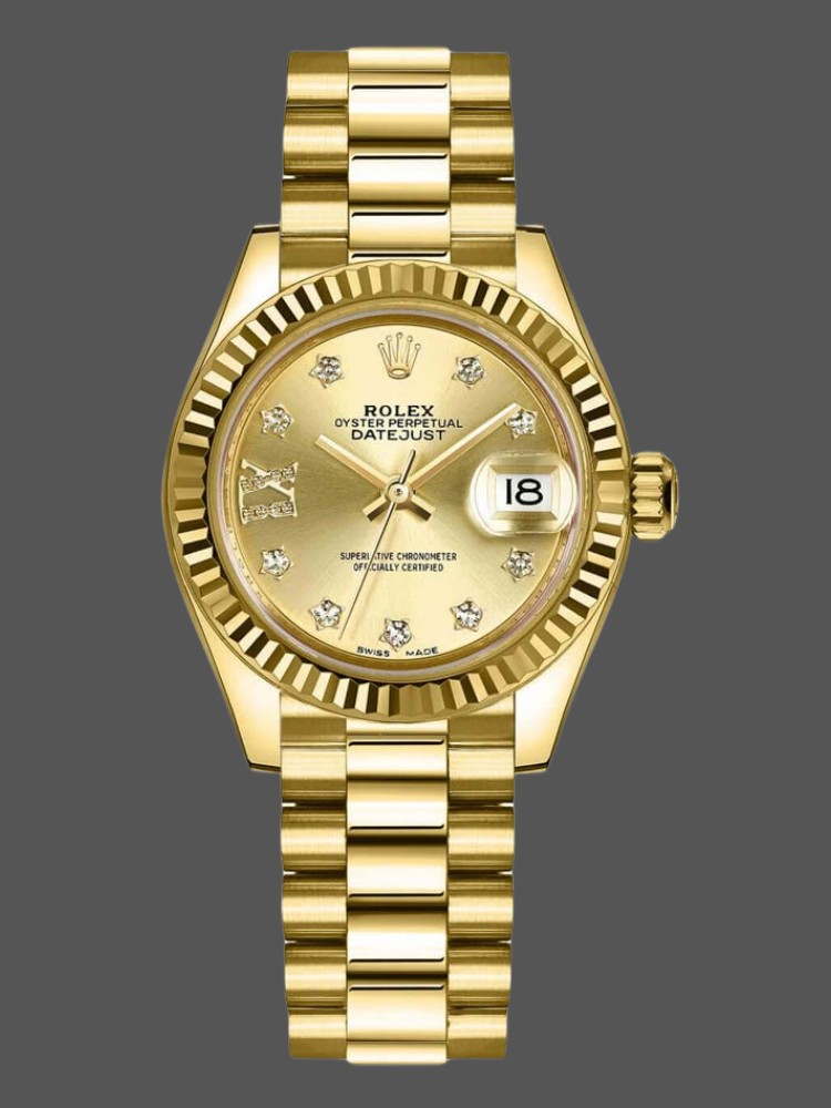 Rolex Datejust 279178 Champagne Diamond Dial Fluted Bezel 28mm Lady Replica Watch
