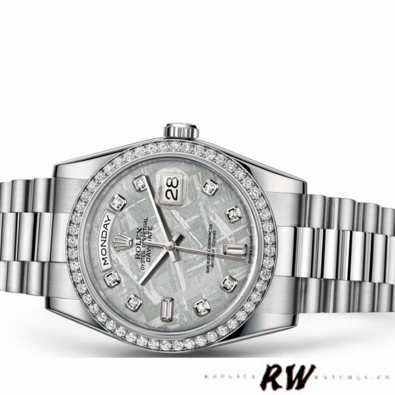Rolex Day Date 118346 Platinum Diamond Bezel Meteorite Dial 36mm Unisex Replica Watch