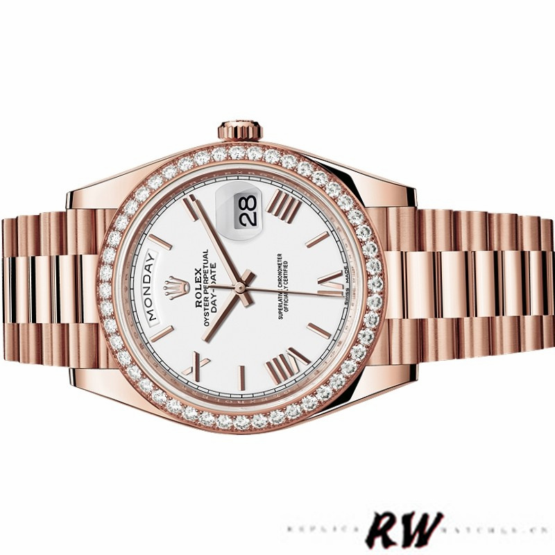 Rolex Day-Date 228345RBR White Roman Dial Diamond Bezel 40mm Mens Replica Watch