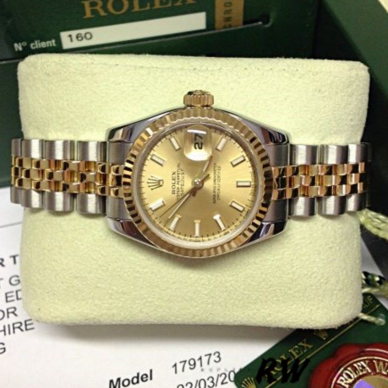 Rolex Datejust 179173 Champagne Index Dial Fluted Bezel 26MM Lady Replica Watch