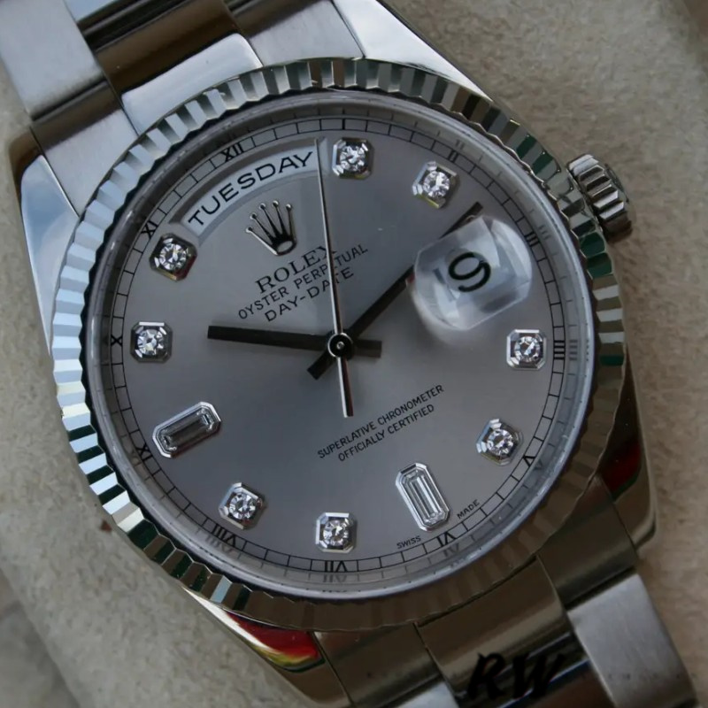 Rolex Day-Date 118239 Silver Diamond Dial fluted bezel 36mm Unisex Replica Watch