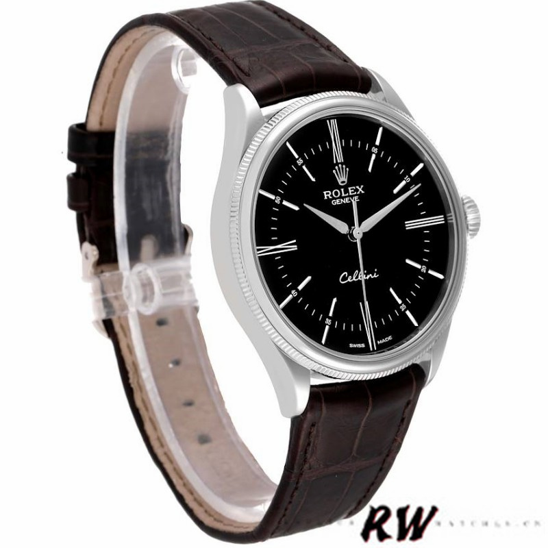 Rolex Cellini Time 50509 Brown Leather Strap Black Dial 39mm Mens Replica Watch