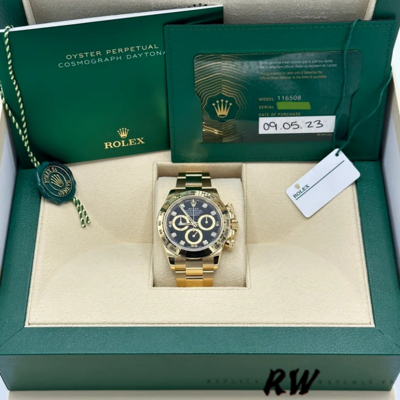 Rolex Daytona 116508 Yellow Gold Black Diamond Dial 40MM Mens Replica Watch