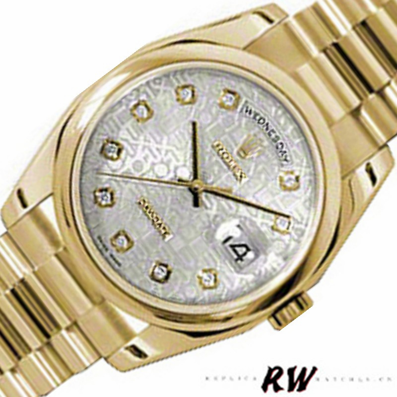 Rolex Day-Date 118208 Silver Diamond Jubilee Dial Yellow Gold 36mm Unisex Replica Watch
