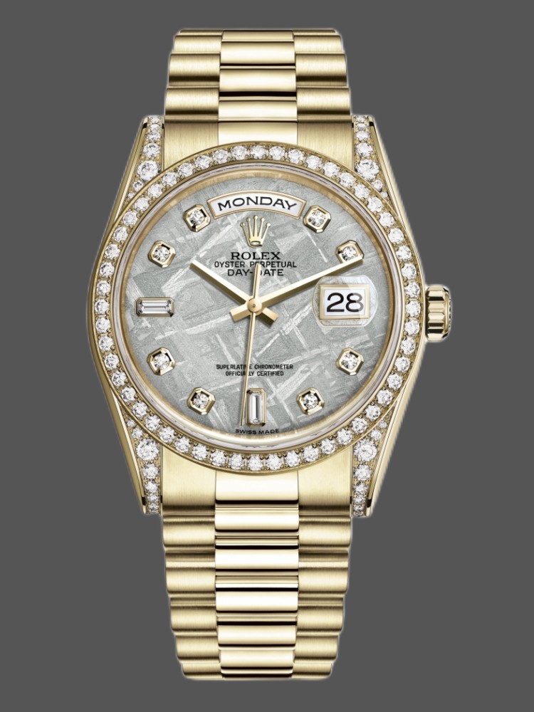 Rolex Day-Date 118388 Yellow Gold Diamond Meteorite Dial 36MM Unisex Replica Watch