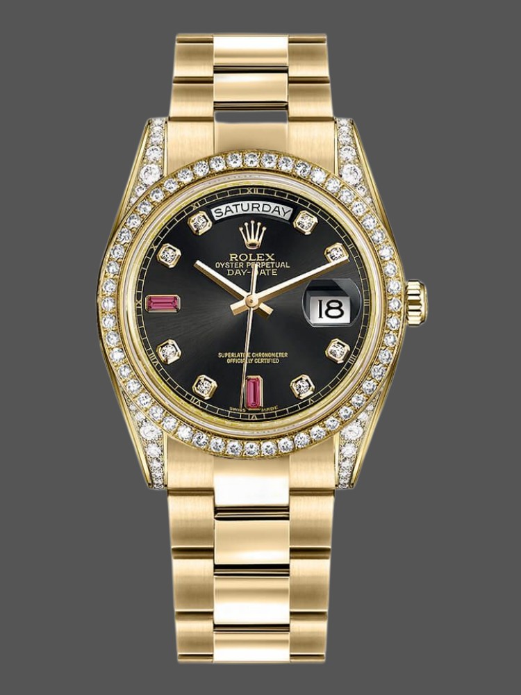 Rolex Day-Date 118388 Black Diamond Rubies Dial 36mm Unisex Replica Watch