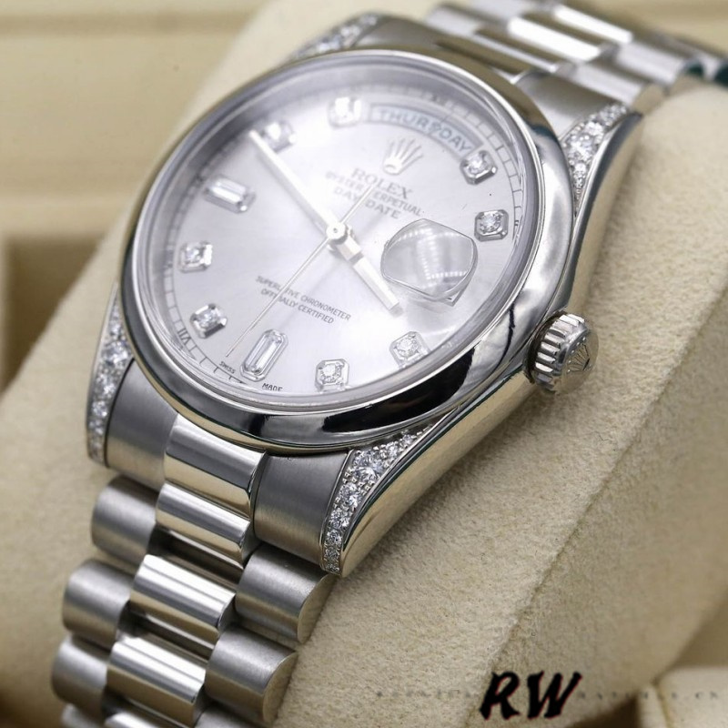 Rolex Day-Date 118296 Platinum Silver Dial Diamond 36mm Unisex Replica Watch