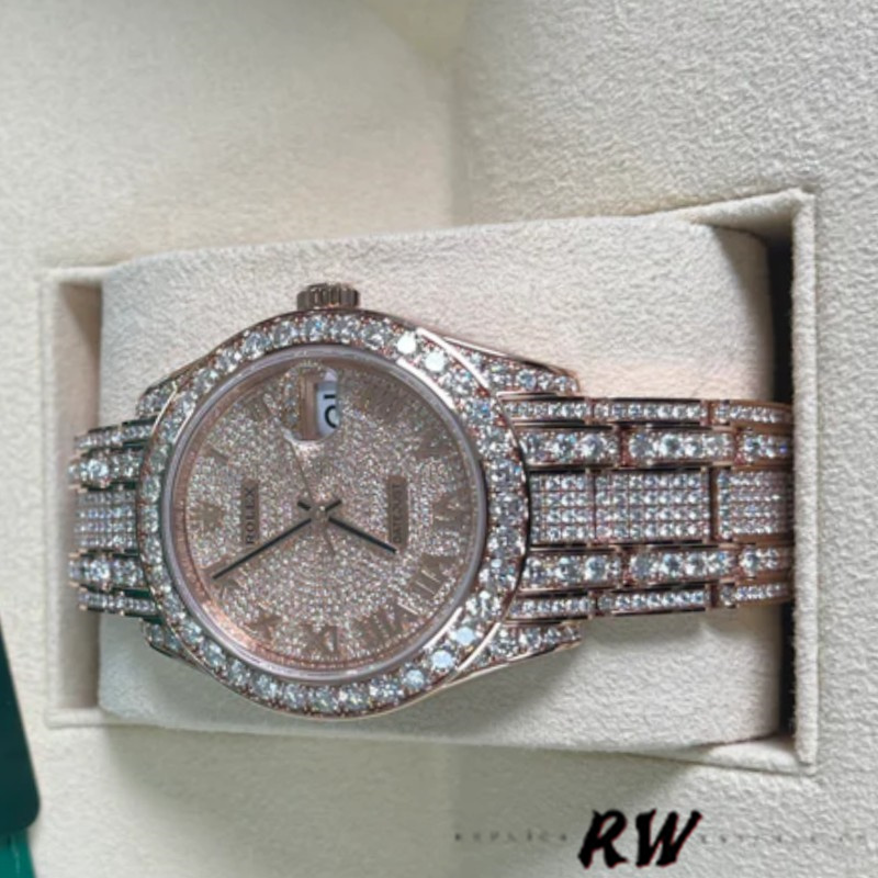 Rolex Pearlmaster 86405RBR Everose Gold Paved Diamond dial 39mm Mens Replica Watch