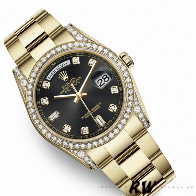 Rolex Day-Date 118388 yellow gold Black Diamond Dial 36mm Unisex Replica Watch