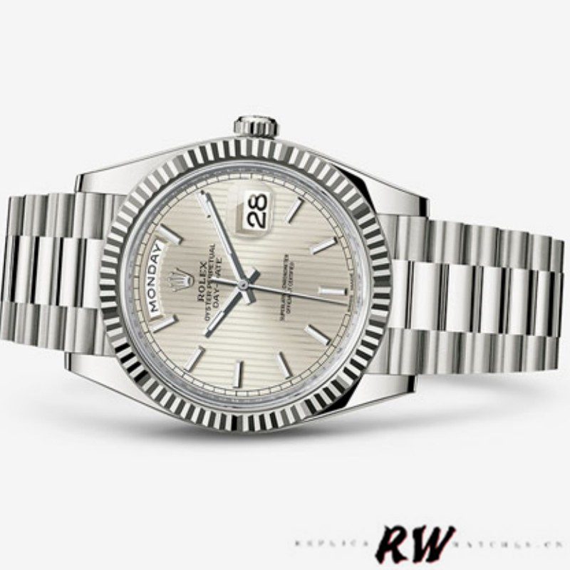Rolex Day-Date 228239 Silver Stripe Motif Dial Fluted Bezel 40mm Mens Replica Watch