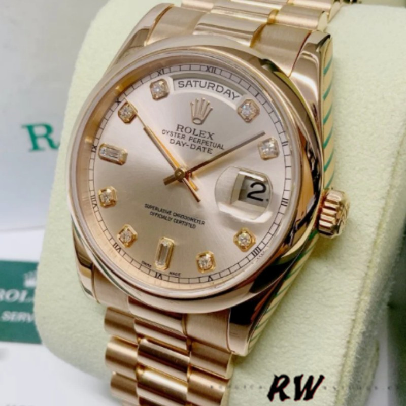 Rolex Day-Date 118205 Rose Gold Champagne Diamond Dial 36mm Unisex Replica Watch