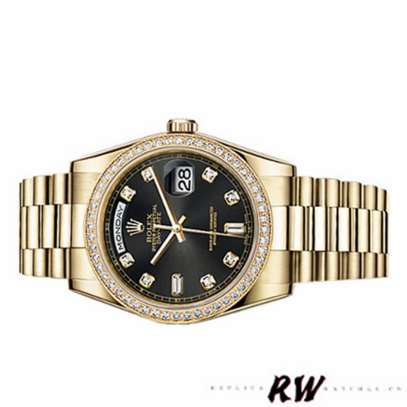 Rolex Day Date 118348 Yellow Gold Black Diamond Dial 36mm Unisex Replica Watch