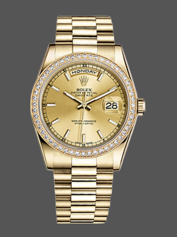 Rolex Day Date 118348 Champagne Index Dial Yellow Gold 36mm Unisex Replica Watch