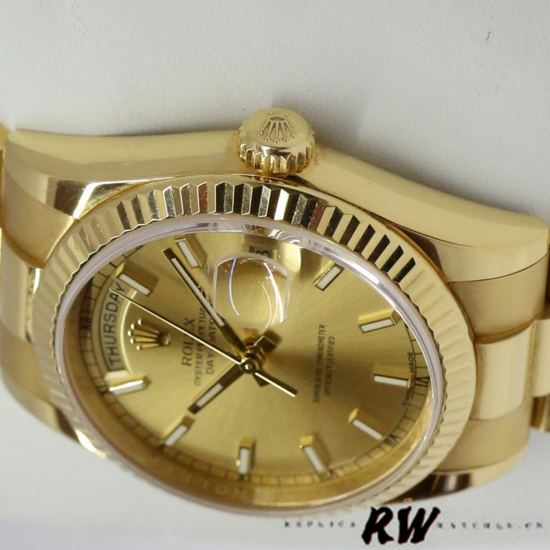 Rolex Day-Date 118238 Yellow Gold Fluted Bezel Champagne Dial 36mm Unisex Replica Watch
