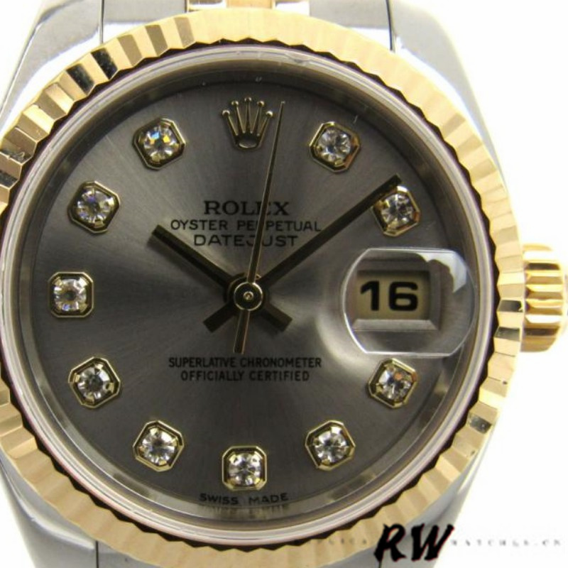 Rolex Datejust 179173 Gray Diamond Dial Fluted Bezel 26MM Lady Replica Watch