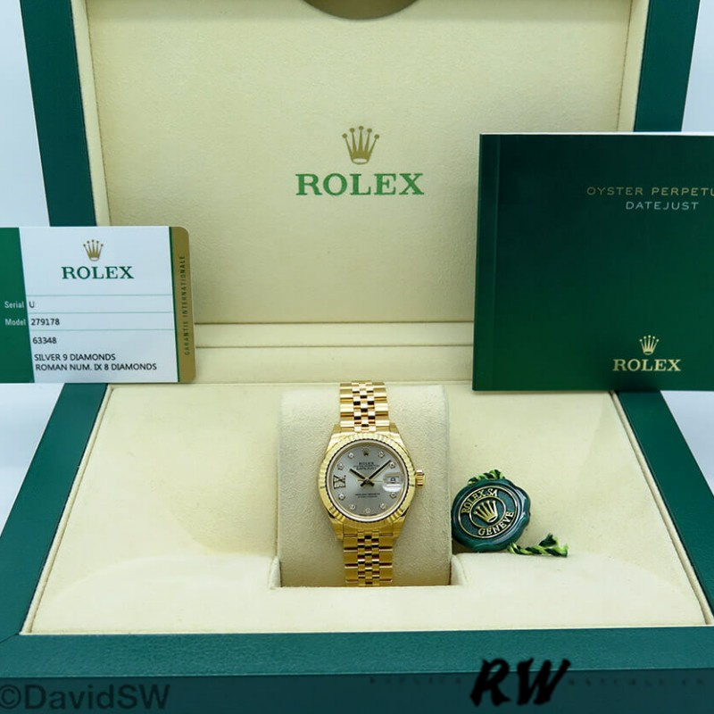 Rolex Datejust 279178 Silver Diamond Dial Fluted Bezel 28mm Lady Replica Watch