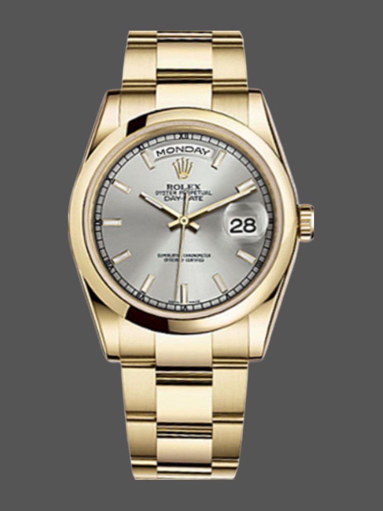Rolex Day-Date 118208 Silver Dial Yellow Gold 36mm Unisex Replica Watch