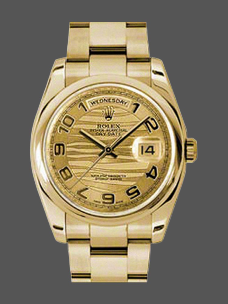 Rolex Day-Date 118208 Yellow Gold Arabic Numeral Wave Champagne Dial 36mm Unisex Replica Watch