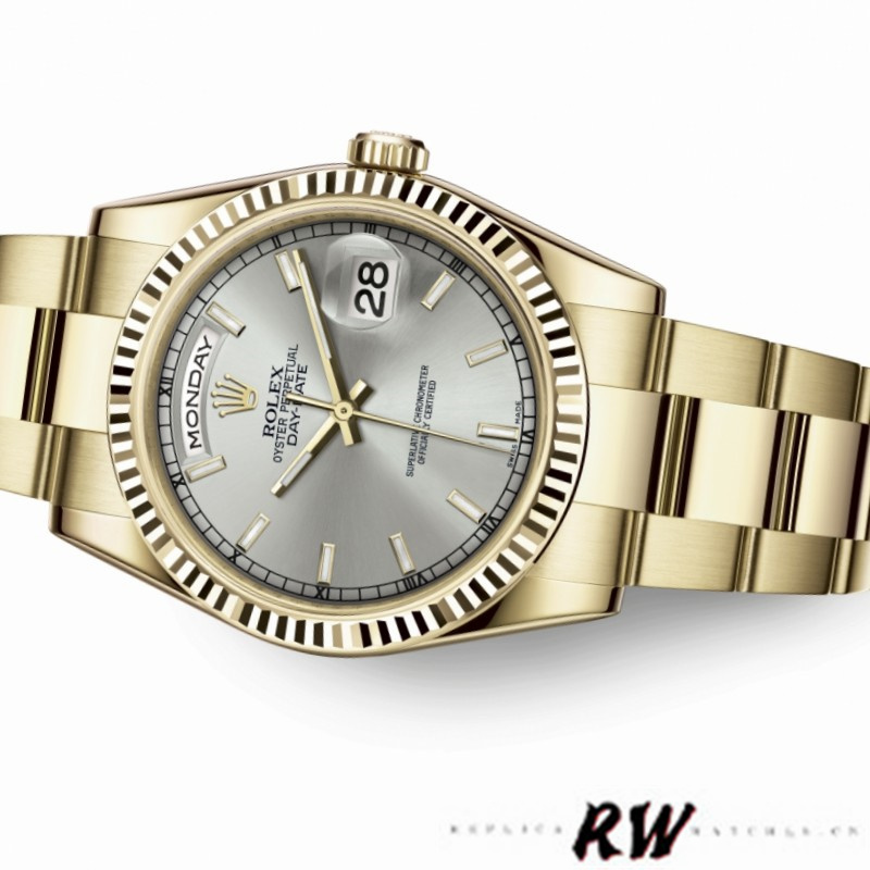 Rolex Day-Date 118238 Yellow Gold Silver dial Fluted Bezel 36mm Unisex Replica Watch