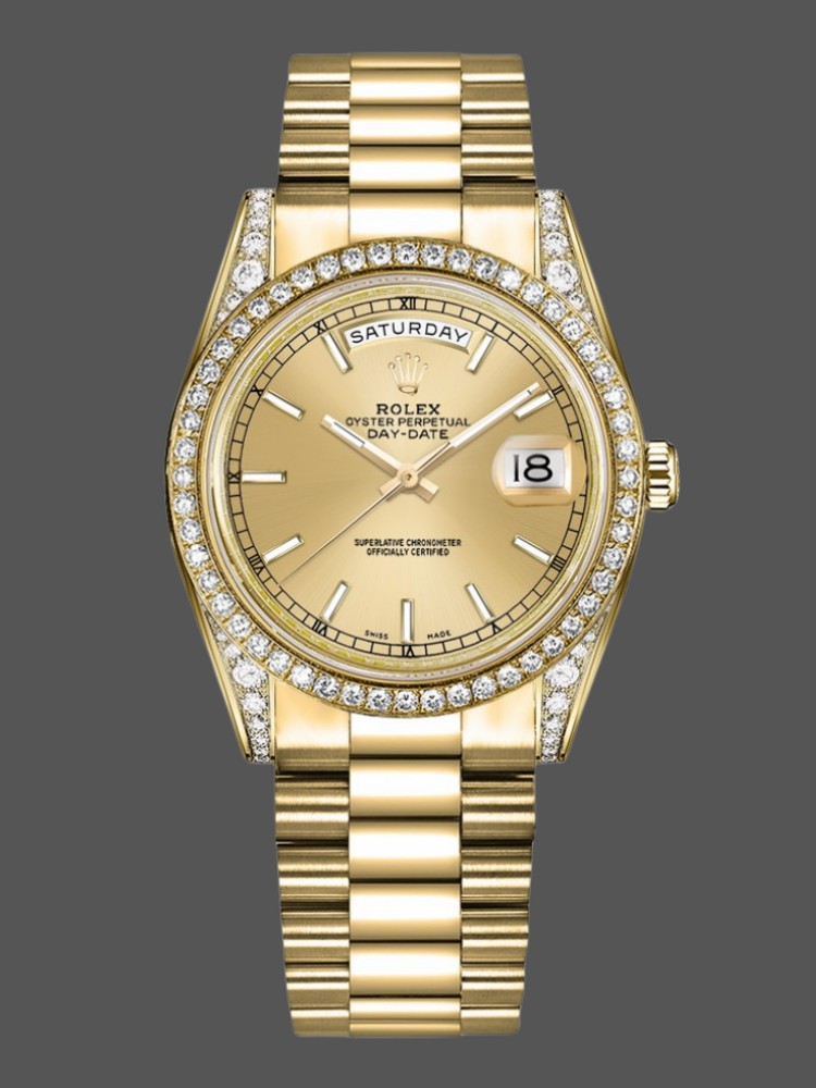 Rolex Day-Date 118388 Diamond Bezel Champagne Index Dial 36MM Unisex Replica Watch