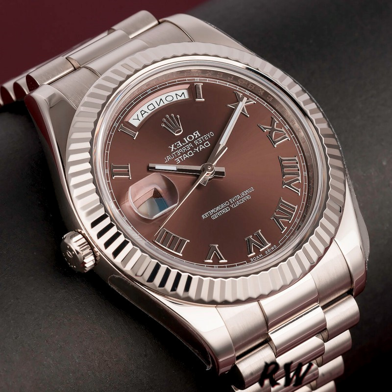 Rolex Day-Date 218239 Chocolate Brown Roman Numerals Dial White Gold 41MM Mens Replica Watch